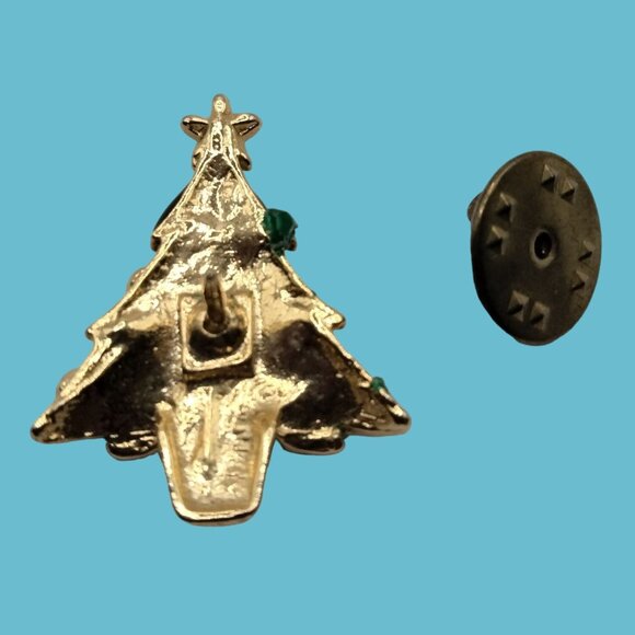 Christmas Tree Lapel Pin Brooch Red Green Gold Vintage Enamel Holiday Pinback - Picture 4 of 4